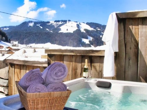 Stunning views of the Pleney from the Hot tub in Catered Chalet Le Prele